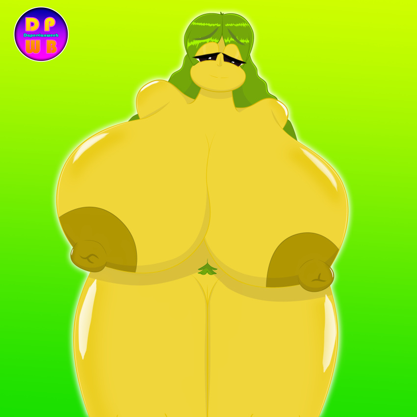 big_breasts breasts causa causeline dapervianweeb expansion female food_creature food_girl green_hair lettuce_hair oc original_character parsley_pussy_hair purple_eyes yellow_nipples yellow_skin