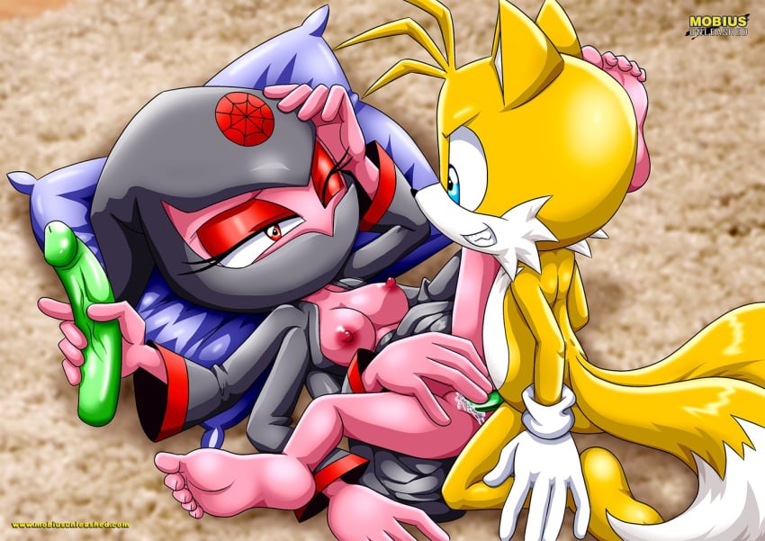 bbmbbf blue_eyes breasts_out bride_of_the_endless_reach green_dildo legs_spread legs_up lying_down mobius_unleashed pussy_juice red_eyes red_eyeshadow smirk sonic_(series) spider tails