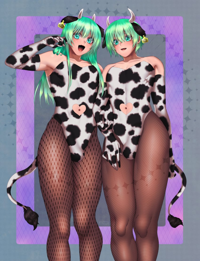 2021 2boys balls balls_in_leotard bare_shoulders bulge closed_mouth cow_ears cow_horns cow_print cow_print_armwear cow_print_leotard cow_tail crossdressing eyebrows eyelashes femboy fishnet_legwear fishnet_pantyhose girly green_hair legwear long_hair looking_at_viewer low-angle_view male male_focus male_only mouth_closed navel_cutout open_mouth original original_character pantyhose rikuwww short_hair simple_background trap