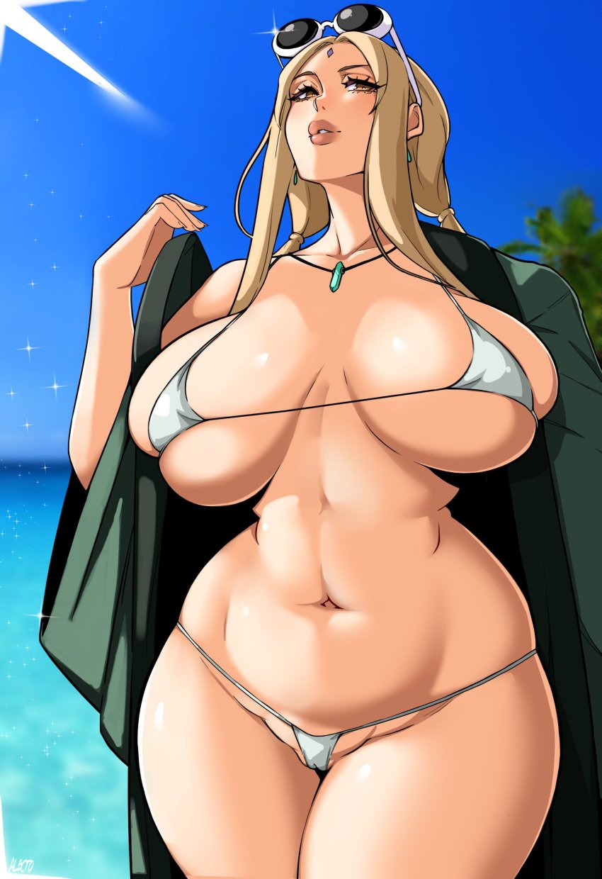 1girls alecto_0 alternate_breast_size artist_name bangs bare_shoulders big_breasts bikini blonde_hair blue_sky breasts brown_eyes cameltoe clothed_female collar collarbone cropped_legs crystal curvy eyelashes female female_only forehead_mark haori high_resolution hourglass_figure huge_breasts human jewelry large_breasts light-skinned_female light_skin long_hair looking_at_viewer makeup mature mature_female micro_bikini midriff milf naruto naruto_(classic) naruto_(series) naruto_shippuden navel necklace ocean off_shoulder outdoors palm_tree parted_lips pink_lips pinup sand shiny shiny_hair shiny_skin skimpy skimpy_bikini skindentation skinny solo sunglasses sunglasses_on_head sunlight thick_thighs thin_waist tsunade undressing voluptuous watermark wide_hips