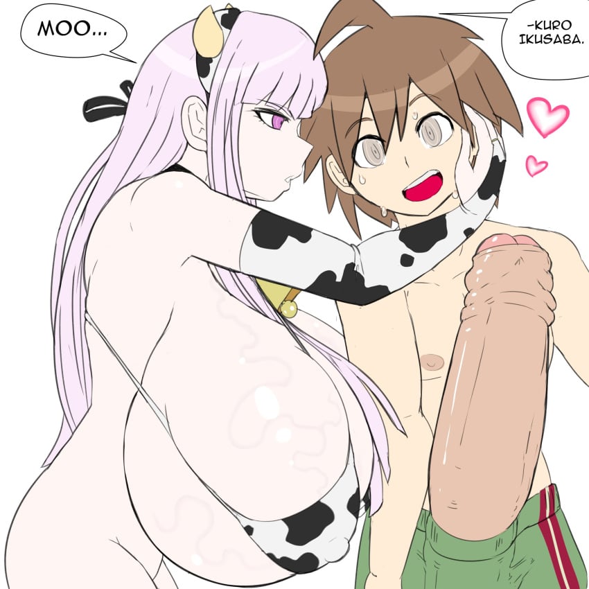 1boy 1boy1girl 1girls alternate_breast_size asian asian_female asian_male big_breasts bikini breasts brown_hair cow_horns cow_print cow_print_bikini cowbell cowkini danganronpa foreskin gigantic_breasts gigantic_penis higher_resolution_duplicate huge_breasts huge_cock hyper hyper_breasts hyper_penis iron-0xide kirigiri_kyouko large_breasts naegi_makoto purple_eyes purple_hair sanka-tetsu spoilers straight straight_hair veiny_breasts