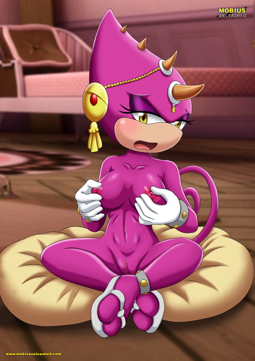 2d bbmbbf blush breasts bride_of_constant_vigil hands_on_breasts milf mobius_unleashed purple_skin pussy scalie scalie_female scalie_only sitting_down sonic_(series) sonic_the_hedgehog_(series) yellow_eyes