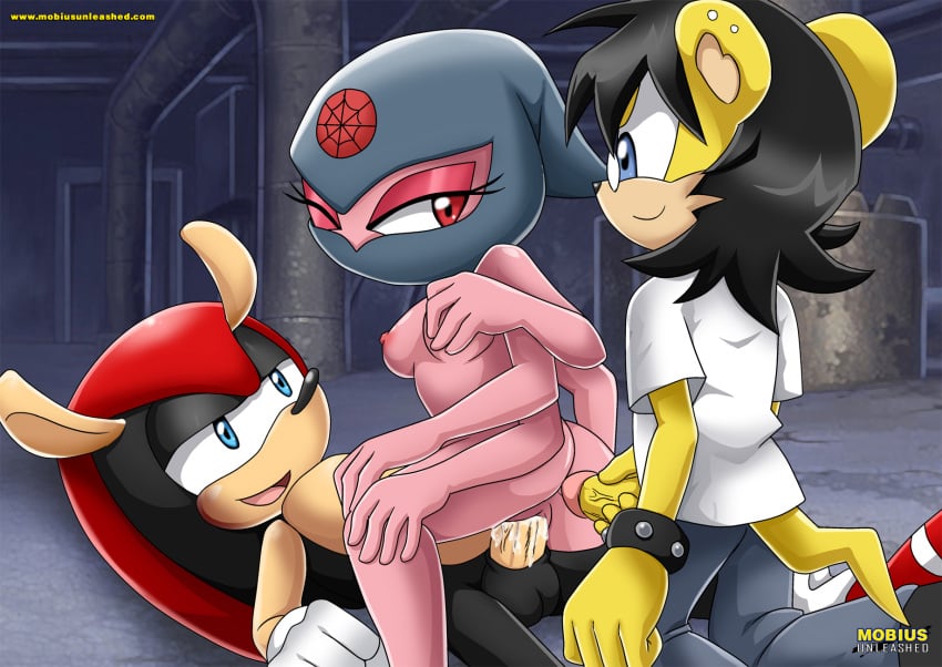 2boys 6_arms ash_mongoose bbmbbf blue_hair blush bride_of_the_endless_reach cum_in_pussy female hand_on_breast hand_on_penis mighty_the_armadillo mobius_unleashed penis_out red_eyes red_eyeshadow smile sonic_(series) sonic_the_hedgehog_(series) spider threesome wink