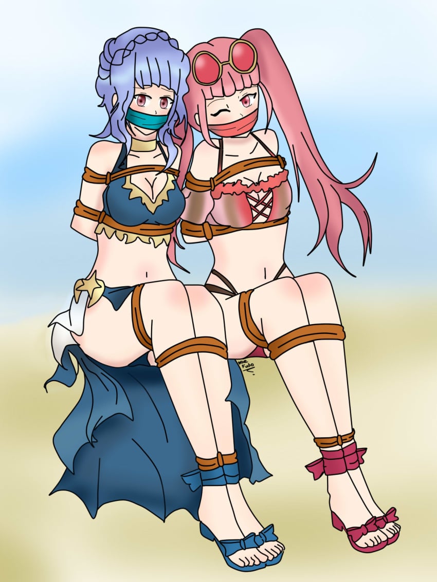 2girls alternate_costume bikini blue_bikini blue_footwear blue_hair blue_swimsuit bound cleavage cloth_gag eyewear_on_head female_only femsub fire_emblem fire_emblem:_three_houses fire_emblem_heroes gag happy_sub hilda_valentine_goneril hilda_valentine_goneril_(summer) light_blue_hair long_hair marianne_von_edmund marianne_von_edmund_(summer) medium_breasts medium_hair mrrockwithyou7 multiple_girls multiple_subs nintendo one_eye_closed pink_bikini pink_eyes pink_hair pink_swimsuit red_footwear restrained rope rope_between_breasts rope_bondage sandals sarong sunglasses_on_head swimsuit twintails two-tone_swimsuit wink 嗯2girls