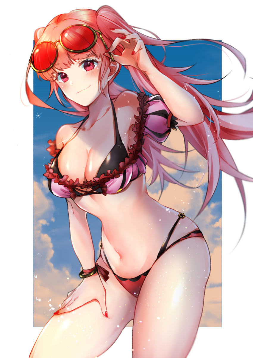 1girls bikini blush breast breasts cleavage cloud collarbone commentary_request eyewear_on_head fire_emblem fire_emblem:_three_houses fire_emblem_heroes frilled_bikini_top highres hilda_valentine_goneril hilda_valentine_goneril_(summer) legs long_hair looking_at_viewer medium_breasts midriff nail_polish nekolook nintendo official_alternate_costume partial_commentary pink_bikini pink_eyes pink_hair pink_swimsuit red_eyes red_nails sky smile solo solo_female summer sunglasses sunglasses_on_head swimsuit twintails two-tone_bikini