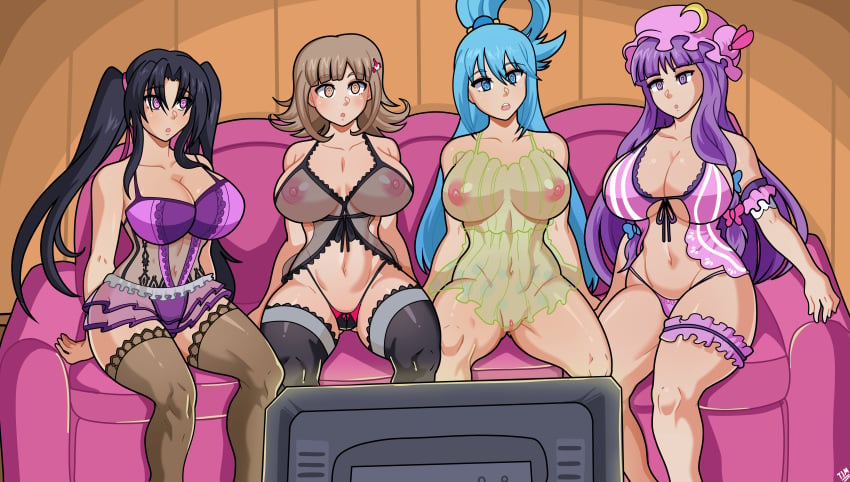 4girls :o @_@ aqua_(konosuba) big_breasts breasts cleavage couch crossover danganronpa danganronpa_2:_goodbye_despair female female_only high_school_dxd hypnosis kono_subarashii_sekai_ni_shukufuku_wo! lingerie mind_control multiple_girls nanami_chiaki nightgown panties pantyshot_(sitting) patchouli_knowledge pussy see-through serafall_leviathan straight_hair theironmountain touhou uncensored