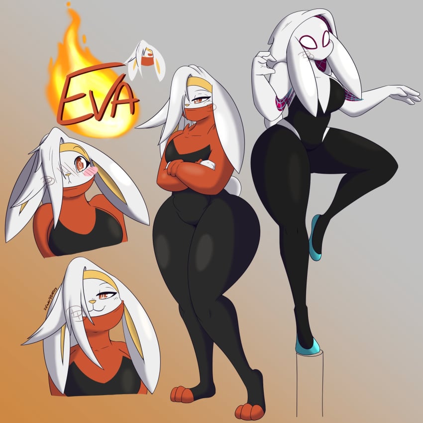 1girls ass breasts dewwydartz eva(dewwydartz) female hourglass_figure marvel pokémon_(species) pokemon raboot small_breasts spider-gwen_(cosplay) thick_thighs wide_hips