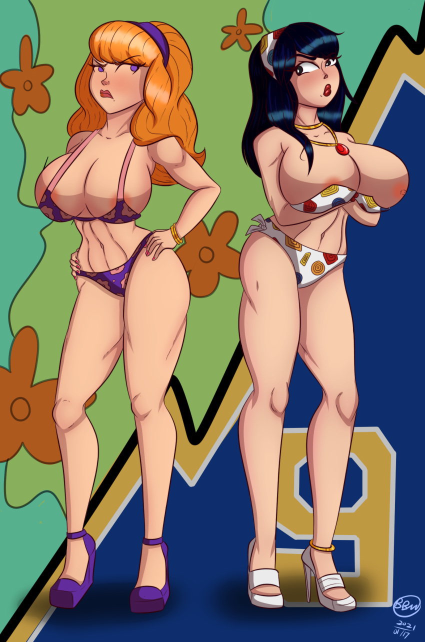 2021 2girls abs archie_comics bikini black_hair bunbunmuffinart crossover daphne_blake female female_only fit_female hanna-barbera huge_breasts nipple_slip orange_hair purple_eyes scooby-doo veronica_lodge wardrobe_malfunction