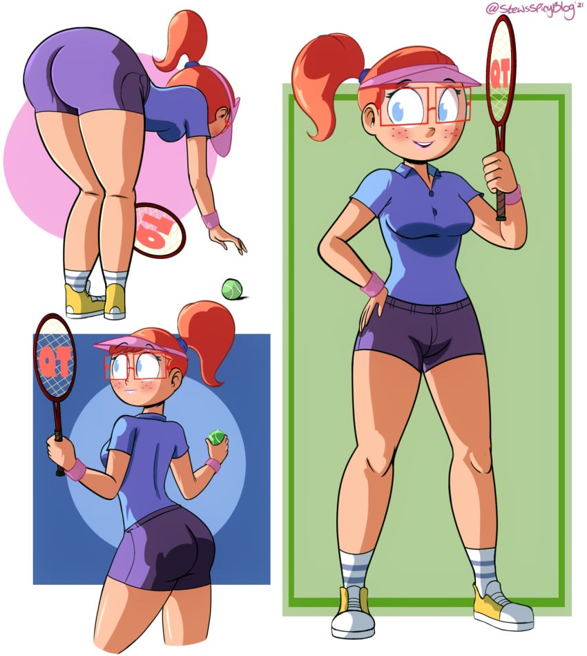 1girls ashlyn_(stewsspicyblog) bending_over curvy dat_ass ginger glasses long_legs pinup ponytail red_hair stewsspicyblog teasing teenager tennis tennis_ball tennis_racket tennis_shoes tennis_uniform