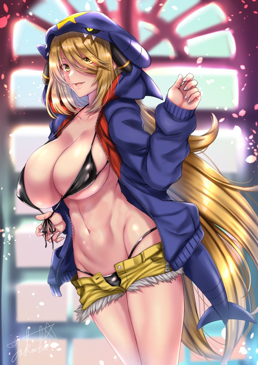 1girls big_breasts blonde_hair breasts cosplay cynthia_(pokemon) female garchomp_(cosplay) long_hair mature_female minishorts nintendo nipples pokemon pokemon_(cosplay) pokemon_dppt revealing_clothes shorts solo solo_female standing takecha thick_thighs thong