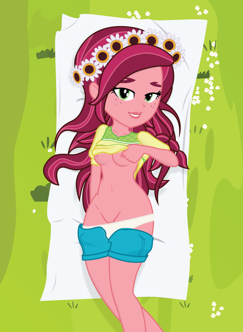 1girls 2020s 2021 accurate_art_style blue_shorts breasts correct_artstyle equestria_girls female female_only friendship_is_magic gloriosa_daisy_(eg) green_eyes hairless_pussy half-closed_eyes hasbro legend_of_everfree long_hair looking_at_viewer lying mostly_nude my_little_pony no_bra outdoors outside panties shorts shorts_down solo unzipped_shorts white_panties