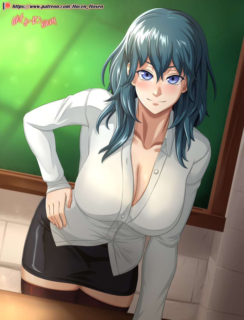 1girls bare_thighs blue_eyes blue_hair blush breasts byleth_(fire_emblem) byleth_(fire_emblem)_(female) chalkboard classroom cleavage female female_protagonist fire_emblem fire_emblem:_three_houses fire_emblem_heroes hand_on_hip highres hocen large_breasts looking_at_viewer nintendo shirt skirt smile solo teacher teal_hair thighhighs thighs watermark web_address white_shirt whiteboard