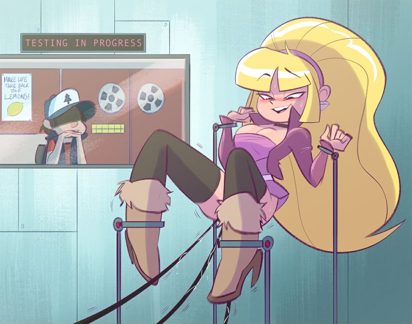 baseball_cap blonde_hair blush bondage boots brokenlynx cave_johnson cleavage dipper_pines disney disney_channel fully_clothed funny gravity_falls half-life high_heel_boots high_heels implied_penetration meme pacifica_northwest pine_tree_(symbol) portal_(series) portal_2 shaking smooth_skin tagme valve valve_(company)