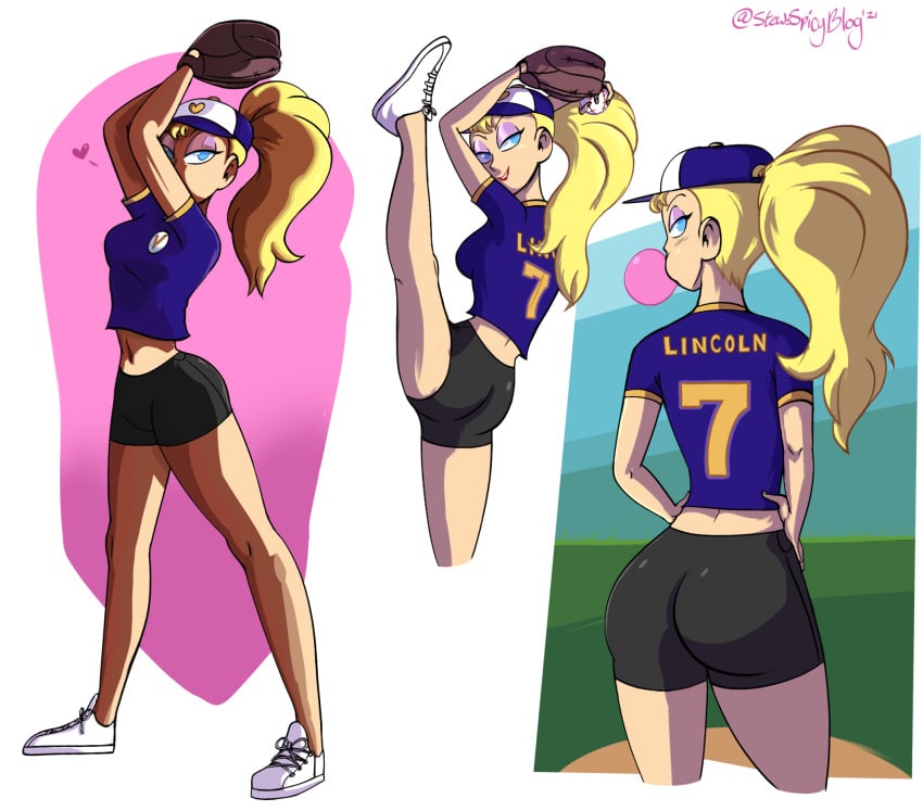 1girls baseball baseball_cap baseball_glove baseball_uniform blonde_hair blowing_kiss blue_eyes bubble_gum busty long_hair long_legs nova_(stewsspicyblog) pinup ponytail stewsspicyblog teasing