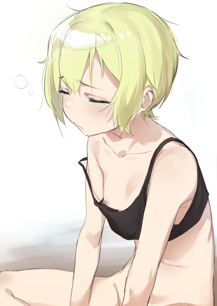 1girls absurdres bare_shoulders black_tank_top blonde_hair blush bottomless breasts closed_eyes closed_mouth clothing erica_hartmann eyebrows_visible_through_hair fankupl female highres navel nipples no_bra no_panties shiny shiny_hair short_hair simple_background sitting sleepy small_breasts solo strike_witches tank_top tears very_short_hair white_background world_witches_series