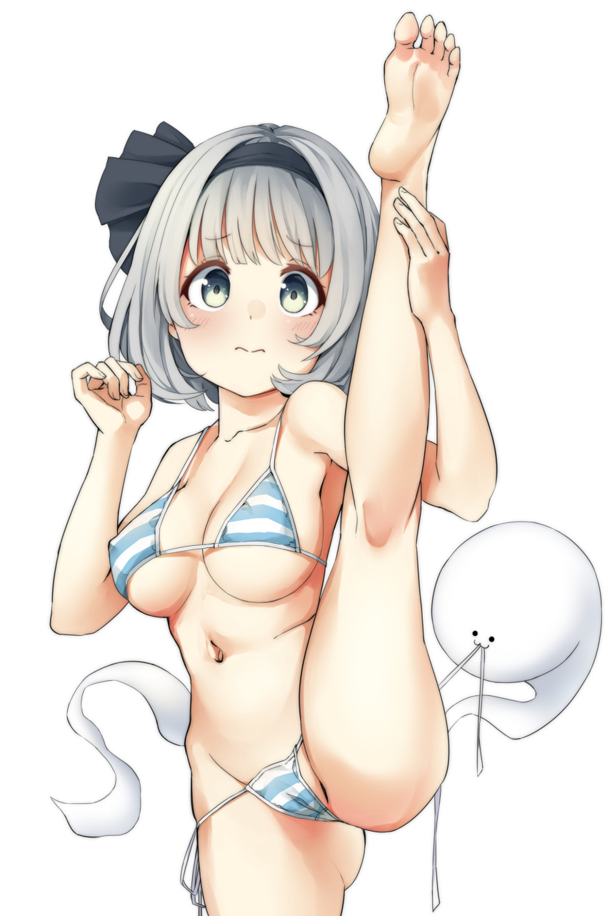 :3 absurdres bangs bikini black_hairband black_ribbon blue_bikini blush bob_cut breasts cameltoe closed_mouth commentary covered_nipples cowboy_shot eyebrows_visible_through_hair feet female frown ghost grey_eyes grey_hair hair_ribbon hairband halterneck highres kneepits leg_hold leg_up looking_at_viewer medium_breasts myon navel pegashi ribbon short_hair side-tie_bikini simple_background soles solo splits standing standing_on_one_leg string_bikini striped striped_bikini swimsuit toes touhou untying vertical_splits white_background youmu_konpaku