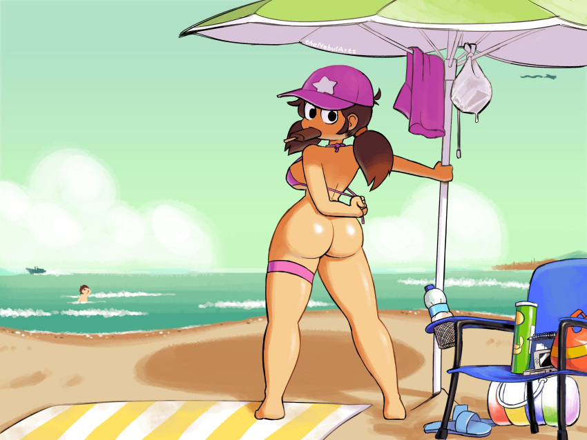 1boy backboob beach bibi_(nebularts) big_ass bikini_top bottomless brown_hair cap female leg_strap looking_at_viewer looking_back nebularts popsicle standing