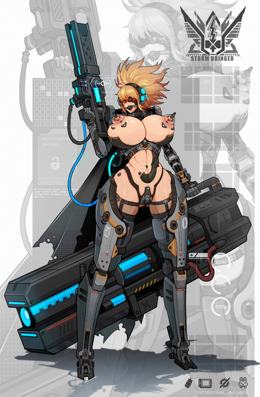 big_breasts blonde_hair cyborg dungeon_and_fighter dungeon_fighter_online eyewear female gag gagged gun headphones l_axe nipple_penetration nipple_piercing nipples orange-tinted_eyewear prosthetic prosthetic_arm sci-fi science_fiction skimpy_armor suction_cup tinted_eyewear visor