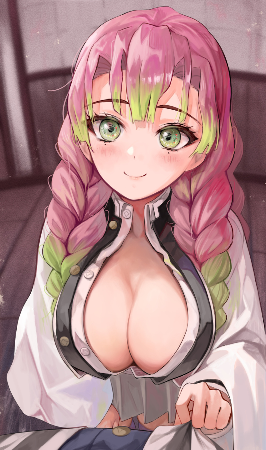 1boy 1girls bangs big_breasts braids breasts cleavage closed_mouth demon_slayer eyebrows_visible_through_hair female green_eyes green_hair haori high-angle_view iguro_obanai kanroji_mitsuri kimetsu_no_yaiba large_breasts long_sleeves looking_at_viewer mole mole_under_eye multicolored_hair painting_(artwork) pink_hair smile torriet twin_braids two-tone_hair