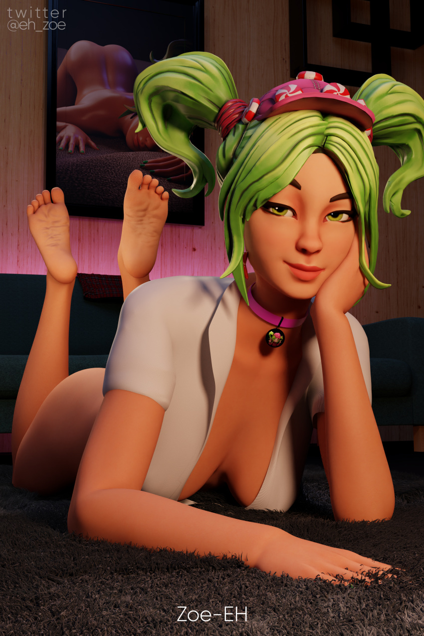 3d barefoot feet feet_up foot_fetish fortnite green_eyes green_hair school_uniform tagme the_pose zoe-eh zoey_(fortnite)