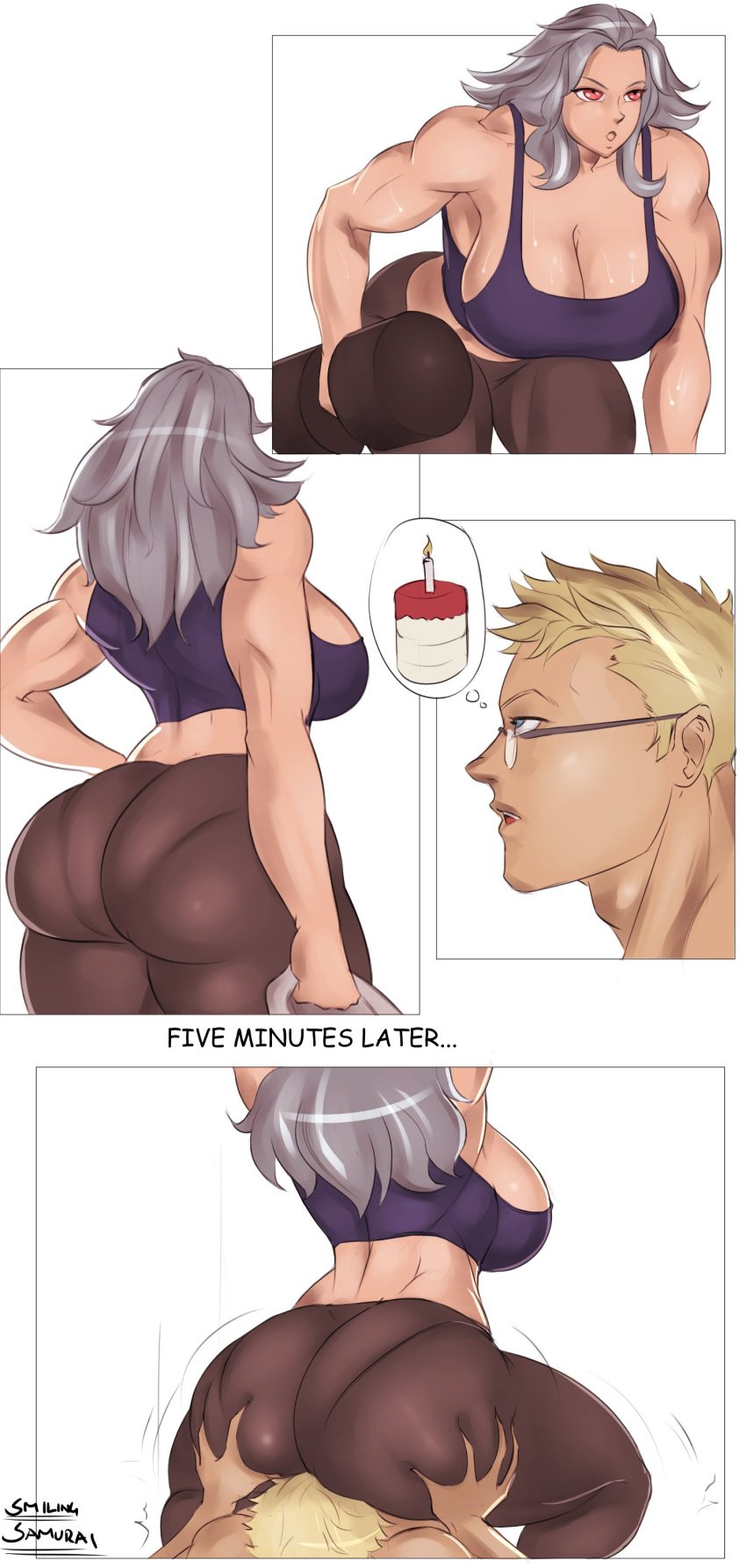 1boy 1girls 2021 ass ass_squeeze big_ass blonde_hair blue_eyes breasts cake cleavage clothing comic dorohedoro facesitting female female_focus glasses grey_hair hands_on_ass large_breasts long_hair male muscular_female noi_(dorohedoro) open_mouth red_eyes shin_(dorohedoro) short_hair skin_tight smiling_samurai solo_focus sports_bra straight sweat tank_top thick thick_thighs thought_bubble tight_clothing tight_pants weightlifting weights white_background white_skin working_out yoga_pants