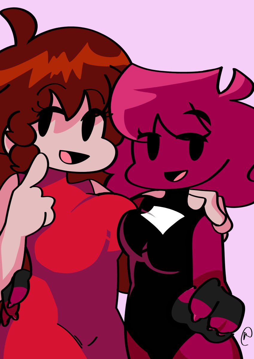 2girls ahoge amogus_boobs black_eyes bodysuit breast_press breasts chilling confronting_yourself corset curly_hair fingerless_gloves friday_night_funkin girlfriend_(friday_night_funkin) hanging_out looking_at_viewer minus_gf_(iagoanims) mob_face red_dress red_hair strawberrytofu16