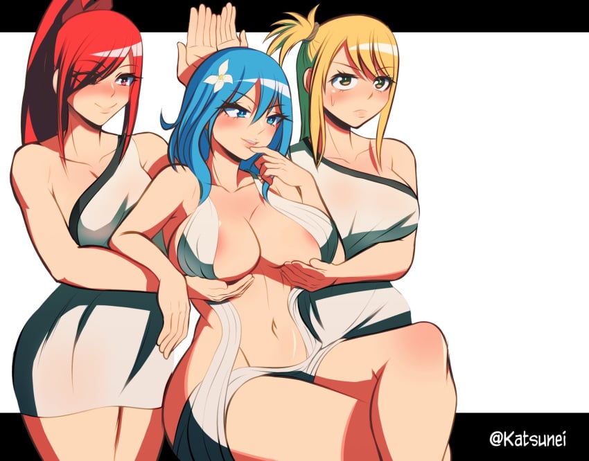 3girls alternate_version_at_source aphrodite big_breasts color cosplay erza_scarlet fairy_tail female female_only handmaiden holding_breast juvia_lockser katsunei light-skinned_female light_skin lucy_heartfilia meme multiple_girls pale_skin revealing_clothes servants_holding_aphrodite's_breasts_(meme) thick_thighs wide_hips