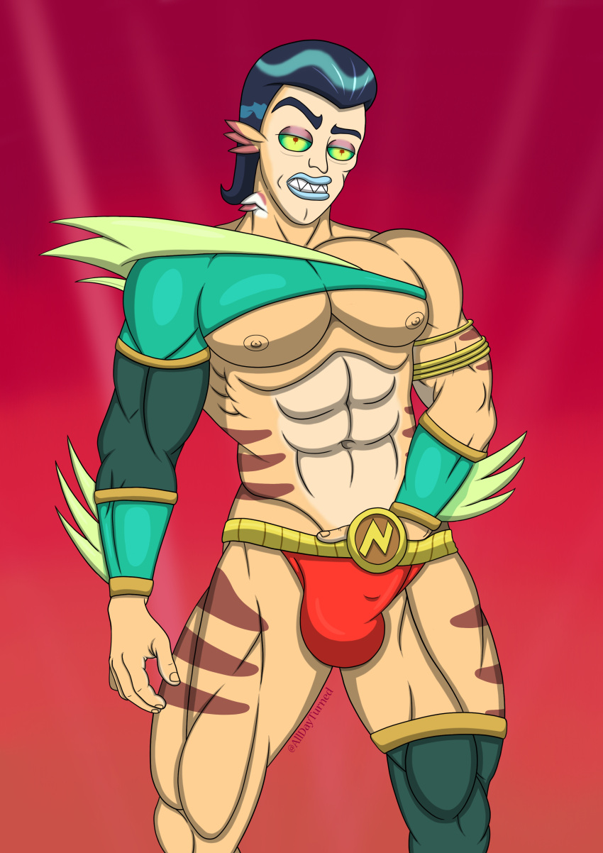 1boy alldayturned anthro bara bulge clothed male_only mr._nimbus muscle muscles pecs pectorals rick_and_morty solo solo_focus solo_male