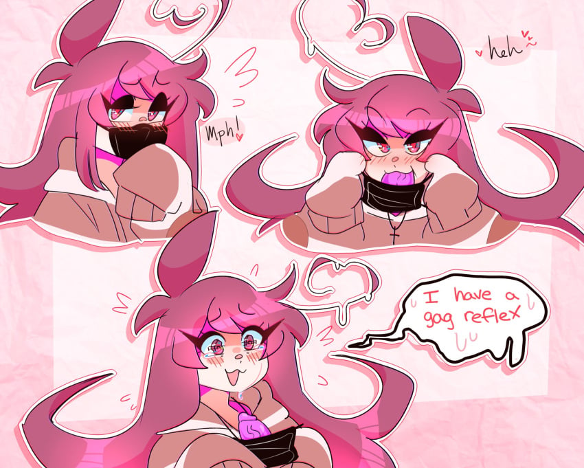 :3 blowjob cute deepthroat deepthroat_holder deepthroat_smile dialogue dildo dildo_mask eyeshadow gag gagged_speech gagging lee_(secretnarcissist) long_hair mask meme oral pink_eyes pink_hair secretnarcissist solo teenager throat_training