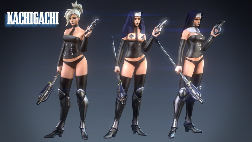 3d alternate_costume armwear black_armwear black_corset black_panties black_thighhighs corset exposed_breasts exposed_nipples fetish futuristic greaves gun holding_weapon human human_only kachigachi light-skinned_female light_skin lowres mercy nun nun's_habit overwatch panties pasties pistol skimpy staff thighhighs topless warrior_nun