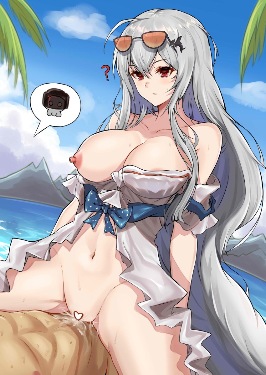 1boy ? absurdres ahoge arknights bangs beach big_bob_(arknights) black_choker blush bottomless breasts censored chinese_commentary choker commentary_request cum cum_in_pussy eyewear_on_head female heart heart_censor highres large_breasts long_hair navel nipples ocean official_alternate_costume one_breast_out outdoors parted_lips pussy red_eyes sex shirt silver_hair sitting sitting_on_person skadi_(arknights) skadi_(waverider)_(arknights) sleeveless sleeveless_shirt spoken_skull stomach straddling straight sunglasses thigh_strap thighs tree uniquemayuri vaginal_penetration white_shirt