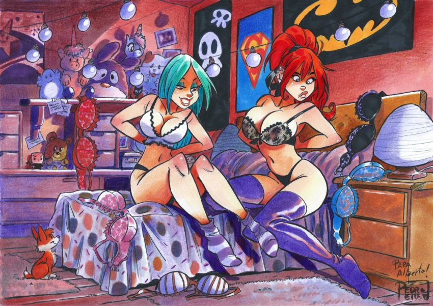 2girls bed bedroom clothing_on_floor original_character pedro_perez sheer_bra trizia_(pedro_perez)