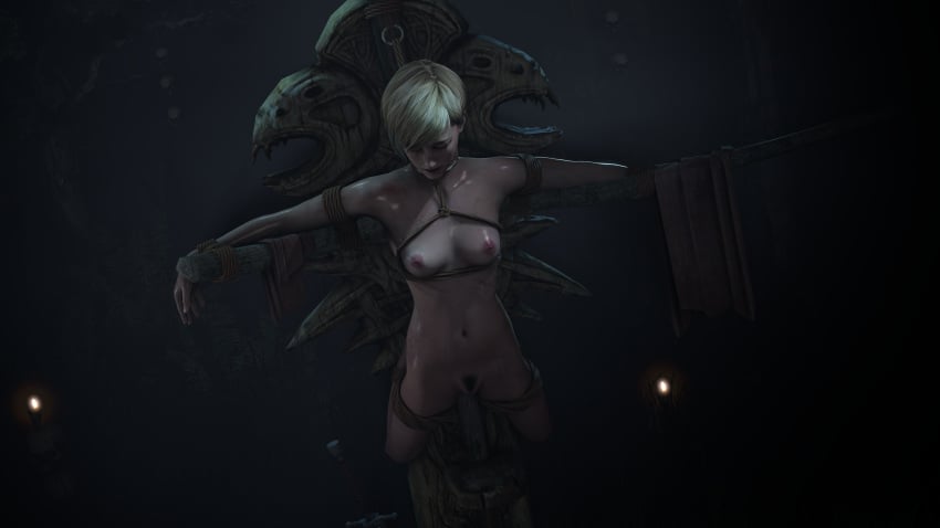 1girls 3d blonde_hair bondage collar female female_only jungle moira_burton pubic_hair resident_evil resident_evil_revelations_2 rust8 shield solo source_filmmaker sword