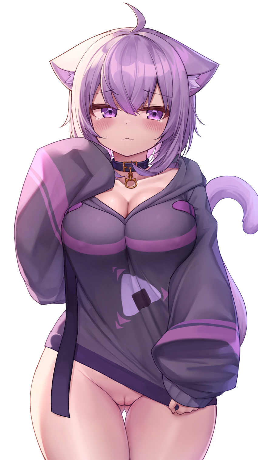 animal_ears bottomless breasts cat_ears cat_tail catgirl cleavage deaver female female_only hololive hololive_gamers hololive_japan kemonomimi nekomata_okayu nekomimi purple_eyes purple_hair pussy pussy_juice sweater tail thick_thighs thighs uncensored virtual_youtuber