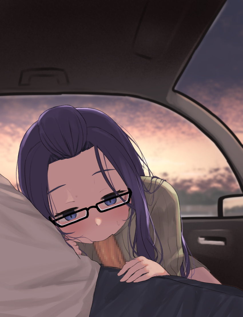 1boy absurdres bangs_pinned_back car_interior censored cloud cloudy_sky fellatio female glasses hair_flip head_out_of_frame highres in_car kagamihara_sakura light_blush mosaic_censoring niizuka_(c-drop) oral pants penis purple_hair ribbed_sweater road_head shirt side_mirror sky solo_focus sweat sweater turtleneck turtleneck_sweater white_shirt window winter_clothes yellow_sweater yurucamp