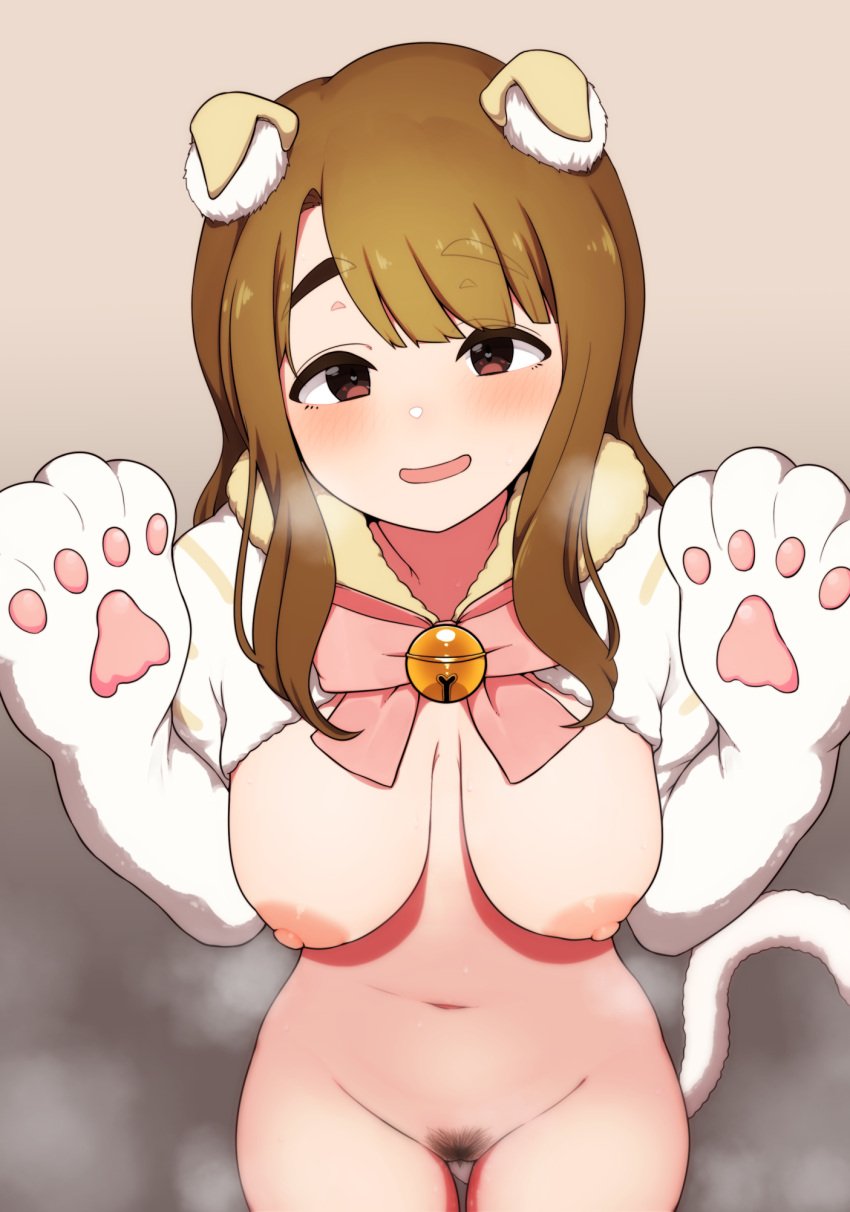 animal_ears bangs bell blush bottomless breasts brown_eyes brown_hair cat_ears cat_tail commentary female female_pubic_hair groin highres idolmaster idolmaster_million_live! idolmaster_million_live!_theater_days long_hair looking_at_viewer minakamirin miyao_miya navel nipples pubic_hair solo tail