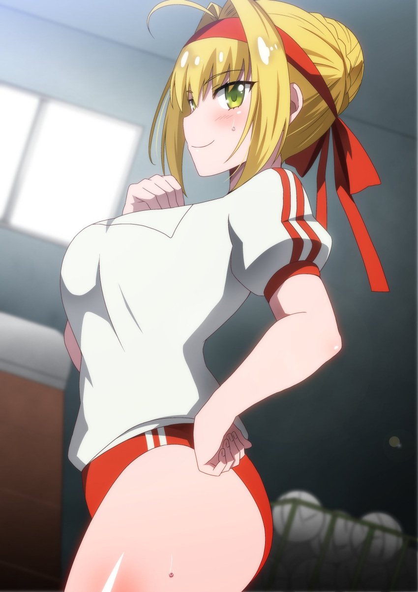 1girls 2021 ahoge ass bare_arms bare_legs blonde_hair bloomers blush blushing_at_viewer braid breasts buruma daytime fate/extella fate/extra fate/grand_order fate_(series) female female_focus female_only fully_clothed green_eyes gym_clothes gym_uniform hand_on_chest hand_on_hip hara_(harayutaka) headband hi_res indoors large_ass large_breasts looking_at_viewer medium_hair nero_claudius_(fate) nero_claudius_(olympian_bloomers) red_bloomers red_headband shiny_hair shiny_skin short_sleeves side_view simple_background smile smiling_at_viewer storage_room sweat sweatdrop thick_thighs thighs tied_hair tight_clothing tight_fit volleyball white_shirt window