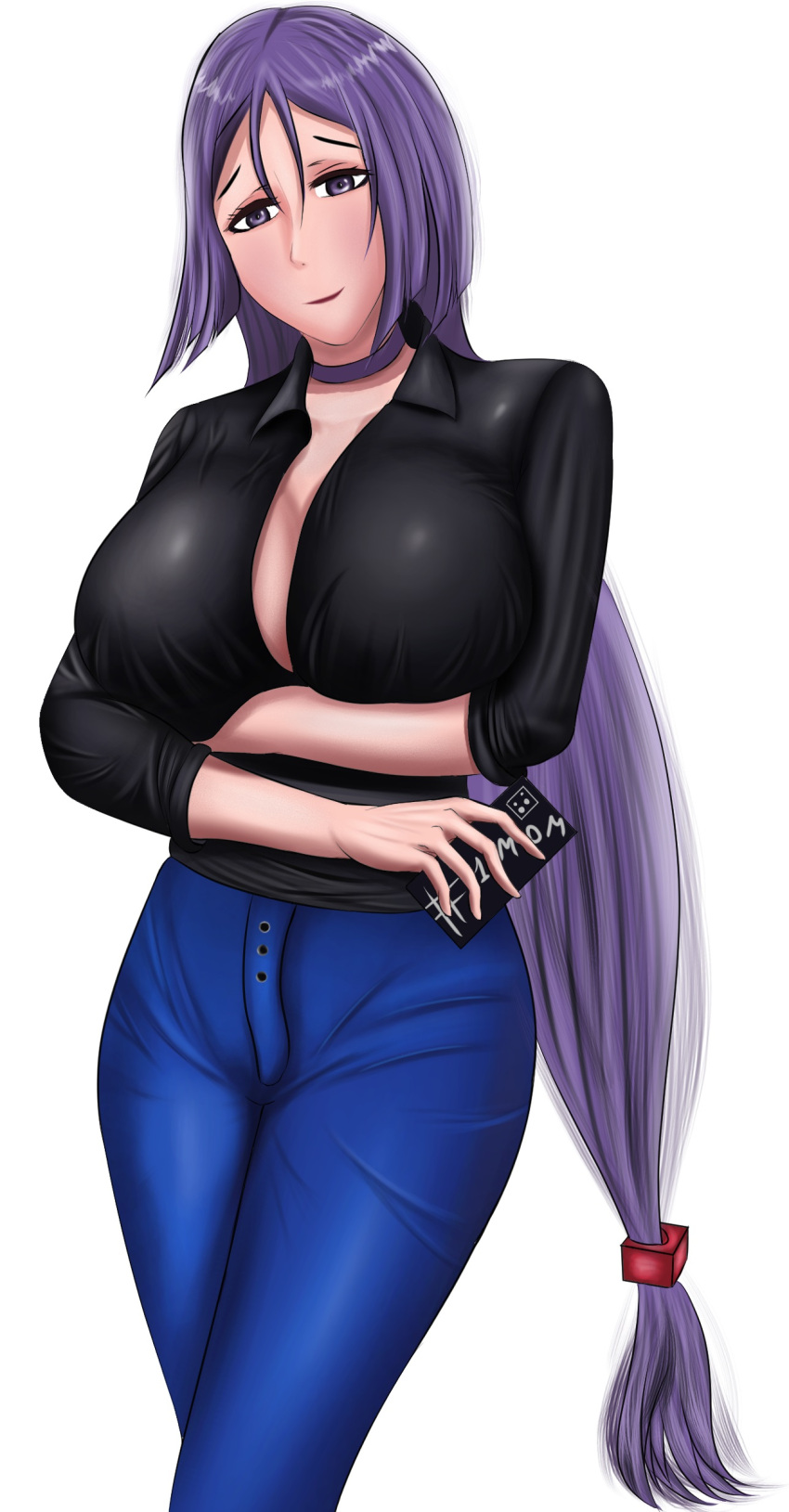 1girls alternate_costume bangs breasts cellphone choker cosplay costume costume_switch fate/grand_order fate_(series) female highres huge_breasts jeans large_breasts long_hair looking_at_viewer mature minamoto_no_raikou_(fate/grand_order) parted_bangs purple_eyes purple_hair samsung samsung_galaxy samsung_sam samsung_sam_(cosplay) sideboob simple_background smile sunday322 tagme very_long_hair white_background