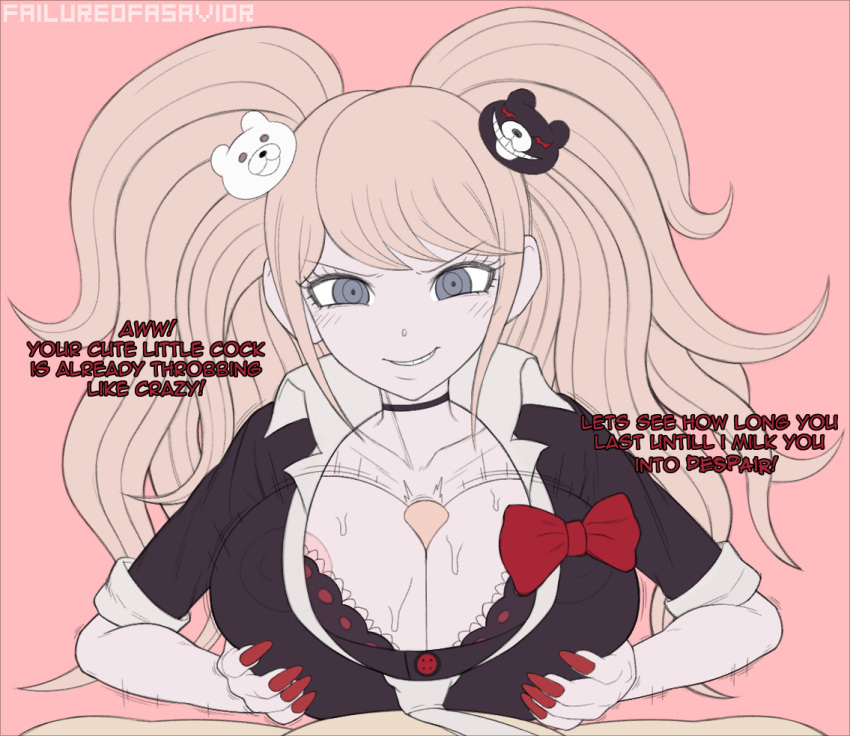 1boy 1girls alternate_breast_size big_breasts blonde_hair blue_eyes bra breasts danganronpa english_text faceless_male failureofasavior favorite female femdom junko_enoshima large_breasts male nail_polish paizuri paizuri_under_clothes penis picot_trim picot_trim_bra red_nails small_penis_humiliation smooth_skin straight strawberry_blonde_hair tagme twintails