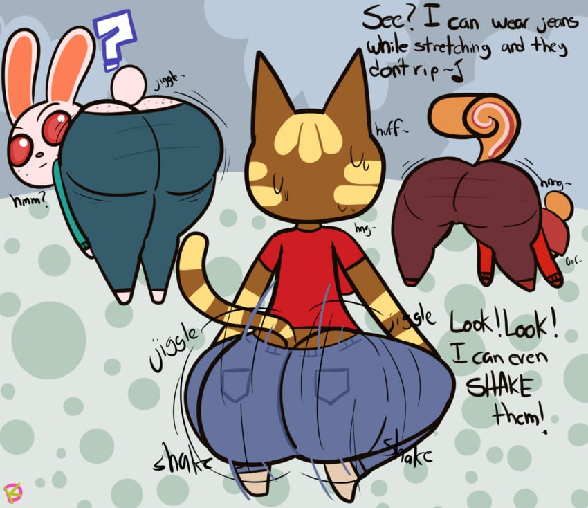 2021 ? albino animal_crossing ass ass_cleavage butt_crack denim feline female freckles fur hazel_(animal_crossing) huge_ass jeans katt_(animal_crossing) klutzatdusk motion_lines nintendo rabbit ruby_(animal_crossing) sound_effects squirrel text thick_thighs twerking video_games wide_hips