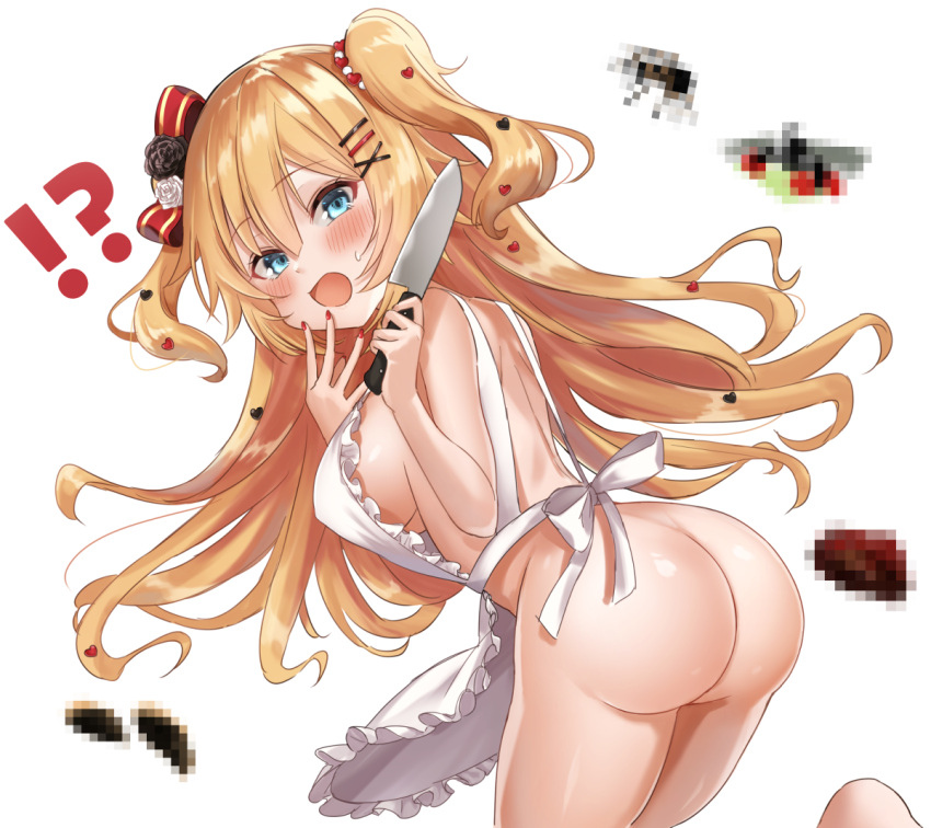 !? 1girls akai_haato apron ass blonde_hair blue_eyes blush bow breasts bug butt censored commentary covering_mouth haachama hair_ornament hairbow hairclip hand_over_own_mouth heart heart_hair_ornament holding holding_knife hololive insects knife light-skinned_female long_hair looking_at_viewer milluun mosaic_censoring nail_polish naked_apron open_mouth red_nails sideboob simple_background spider surprised sweat virtual_youtuber wavy_hair white_apron white_background