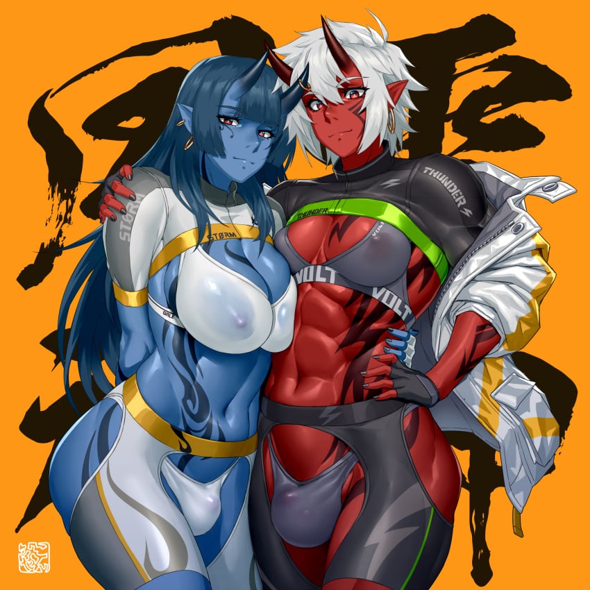 2futas abs blue_hair bulge futanari horns horny looking_at_viewer mikoyan muscular_futanari oni original red_eyes tattoo white_hair