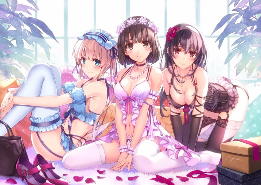 3girls ass bare_shoulders bent_legs blush female female_only hair_ribbon high_heels hugging_legs kasumigaoka_utaha katou_megumi lingerie long_hair looking_at_viewer misaki_kurehito multiple_girls necklace on_all_fours panties presenting saenai_heroine_no_sodatekata sawamura_spencer_eriri sitting smile stockings tagme underwear