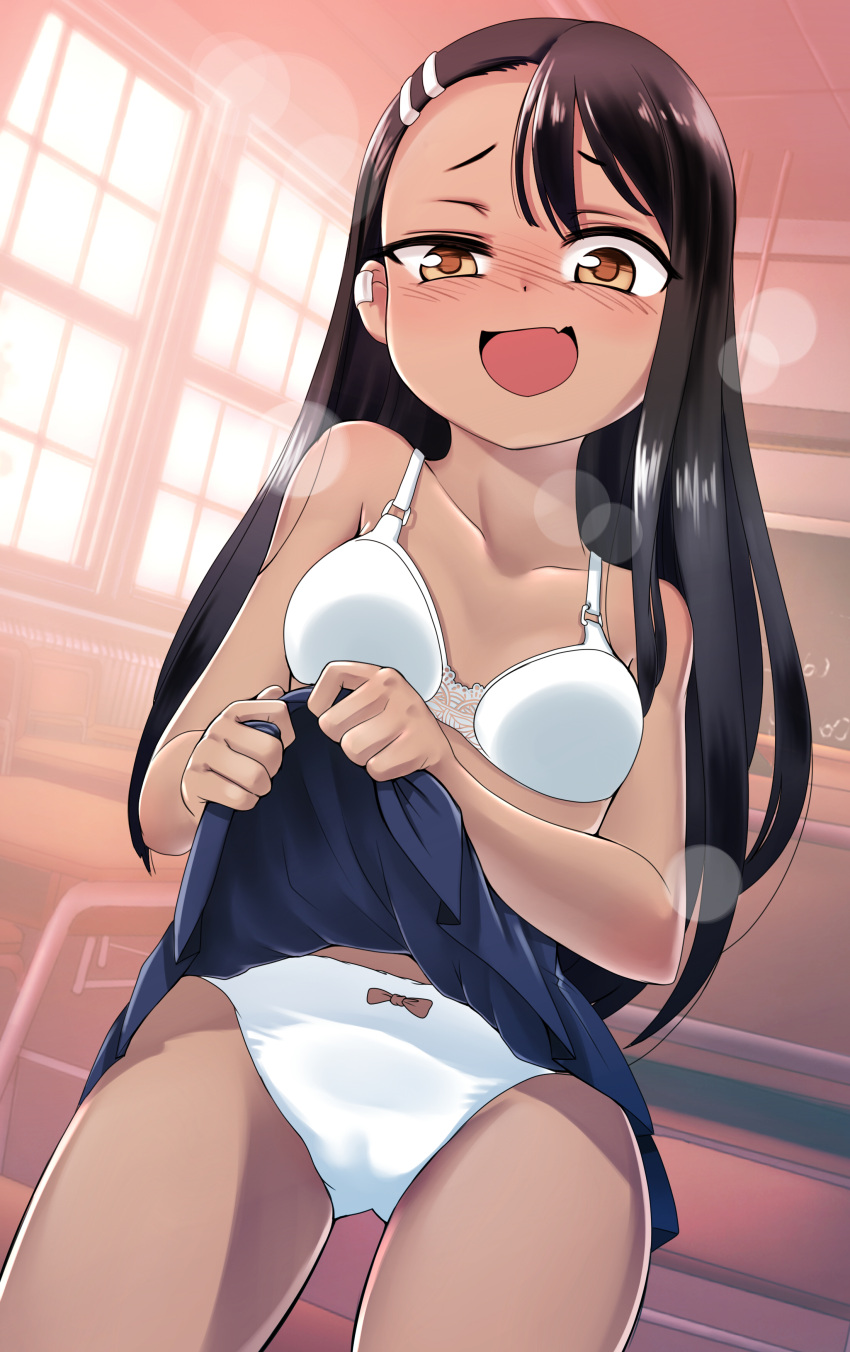 1girls black_hair blush bra breasts brown_eyes classroom clothed clothing female_focus female_only hayase_nagatoro hi_res long_hair looking_at_viewer medium_breasts note2000 open_mouth please_don't_bully_me,_nagatoro revealing_clothes school simple_background skirt_lift solo underwear