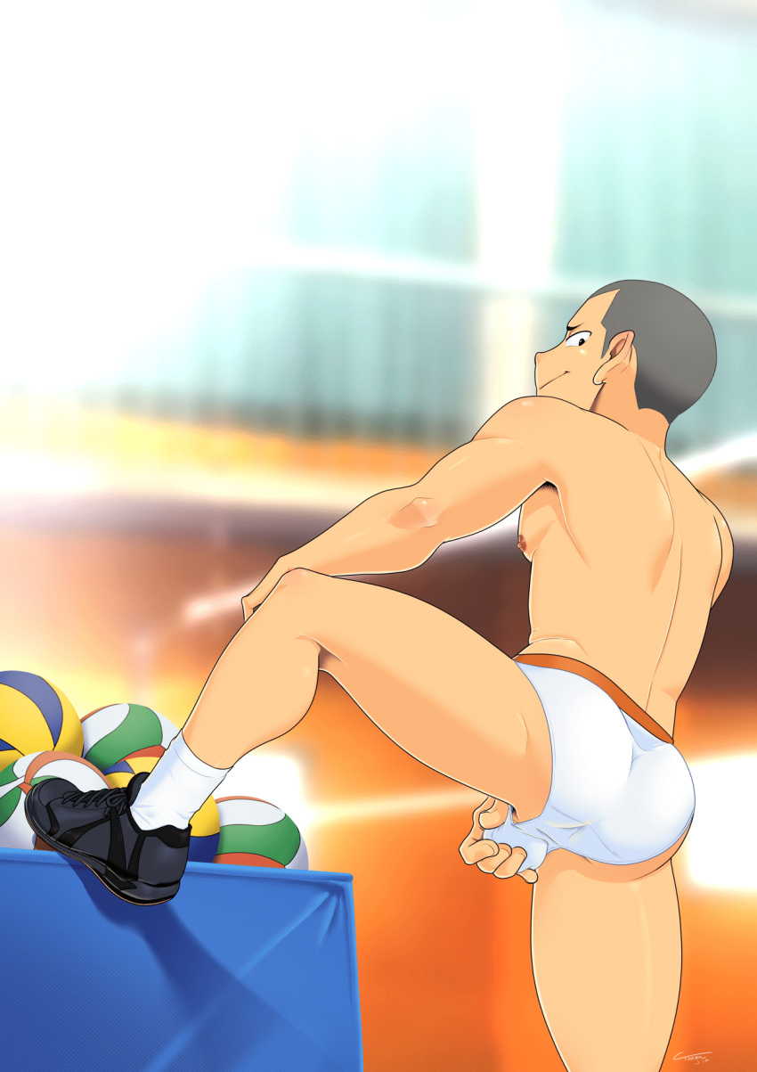 ass back_view bubble_butt grey_hair gymnasium haikyuu!! holding_balls leg_up male male_focus male_only shoes_on tagme tanaka_ryuunosuke underwear white_underwear