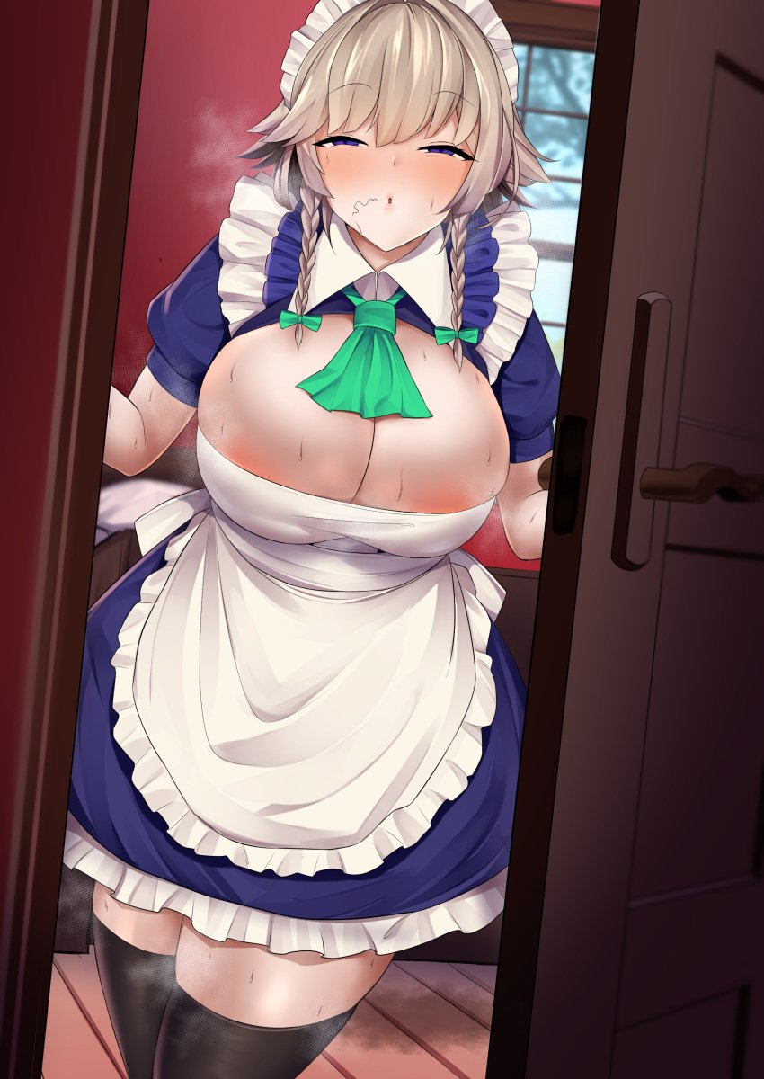 1girls after_fellatio after_sex areolae blue_eyes cuckold door dress female grey_hair highres implied_netorare maid maid_headdress maid_uniform sakuya_izayoi sinkai solo stockings stray_pubic_hair sweat thighhighs touhou