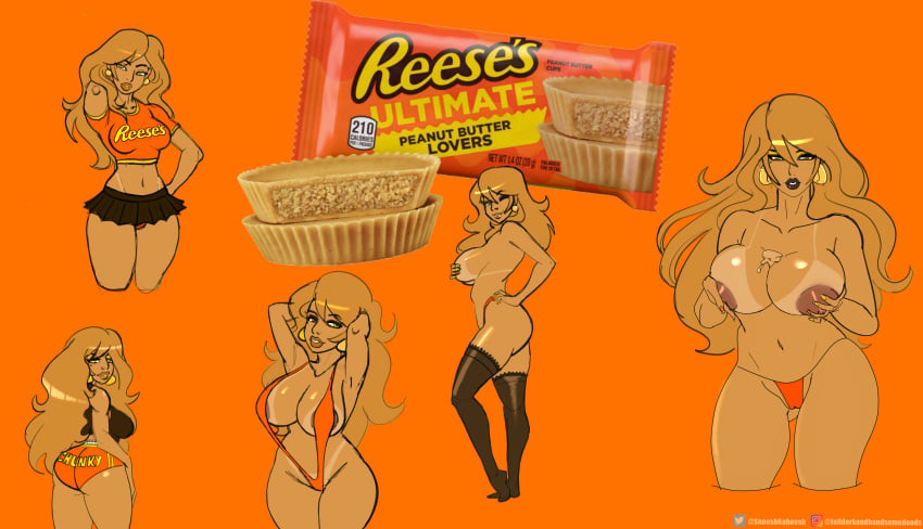 areolae beauty_mark blonde_hair booty_shorts breast_squeeze breasts pleated_skirt reese's reese's_peanut_butter_cups reeses snooshkaboosh stockings swimsuit tan_skin tanline thighhighs yellow_eyes