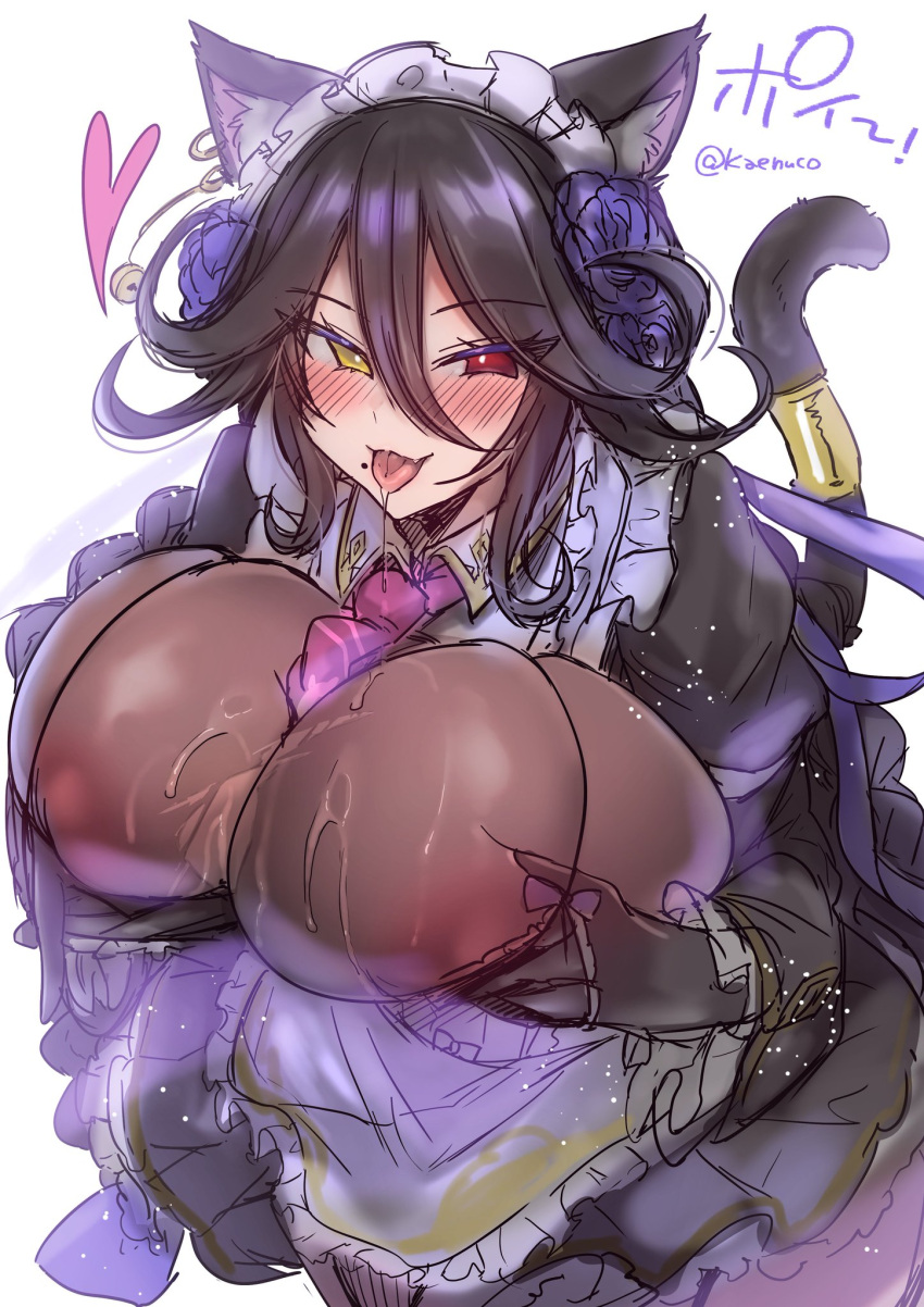 areola_slip big_breasts blush cat_ears cat_tail cleavage dark_hair drooling hair_ornament heterochromia huge_breasts kaenuco last_origin looking_at_viewer maid maid_headdress maid_uniform mole_under_mouth poi_(last_origin) tongue_out