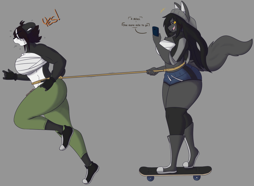 2girls ass breasts dee(dewwydartz) dewwydartz female furry mai_(dewwydartz) panda skateboard thick_thighs wide_hips wolf