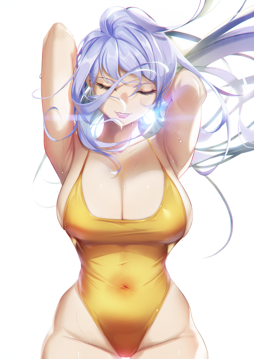 arm_behind_head armpits blue_hair blueorca breasts closed_eyes commentary covered_navel cowboy_shot english_commentary female highleg highleg_leotard highres large_breasts leotard lips long_hair original parted_lips simple_background solo white_background yellow_leotard